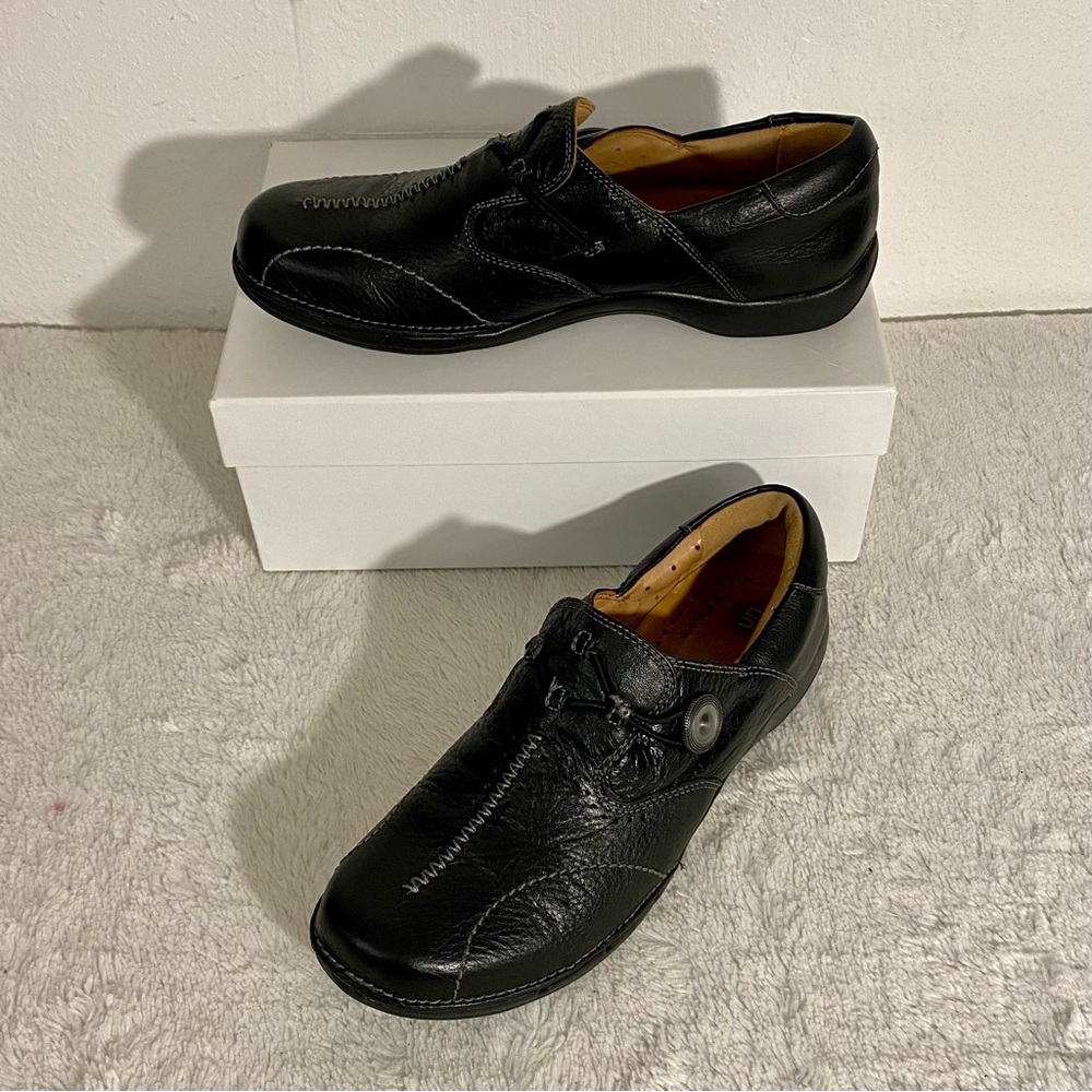 Clarks Unstructured Black Leather Slip On Loafers Women’s Size 7.5 M